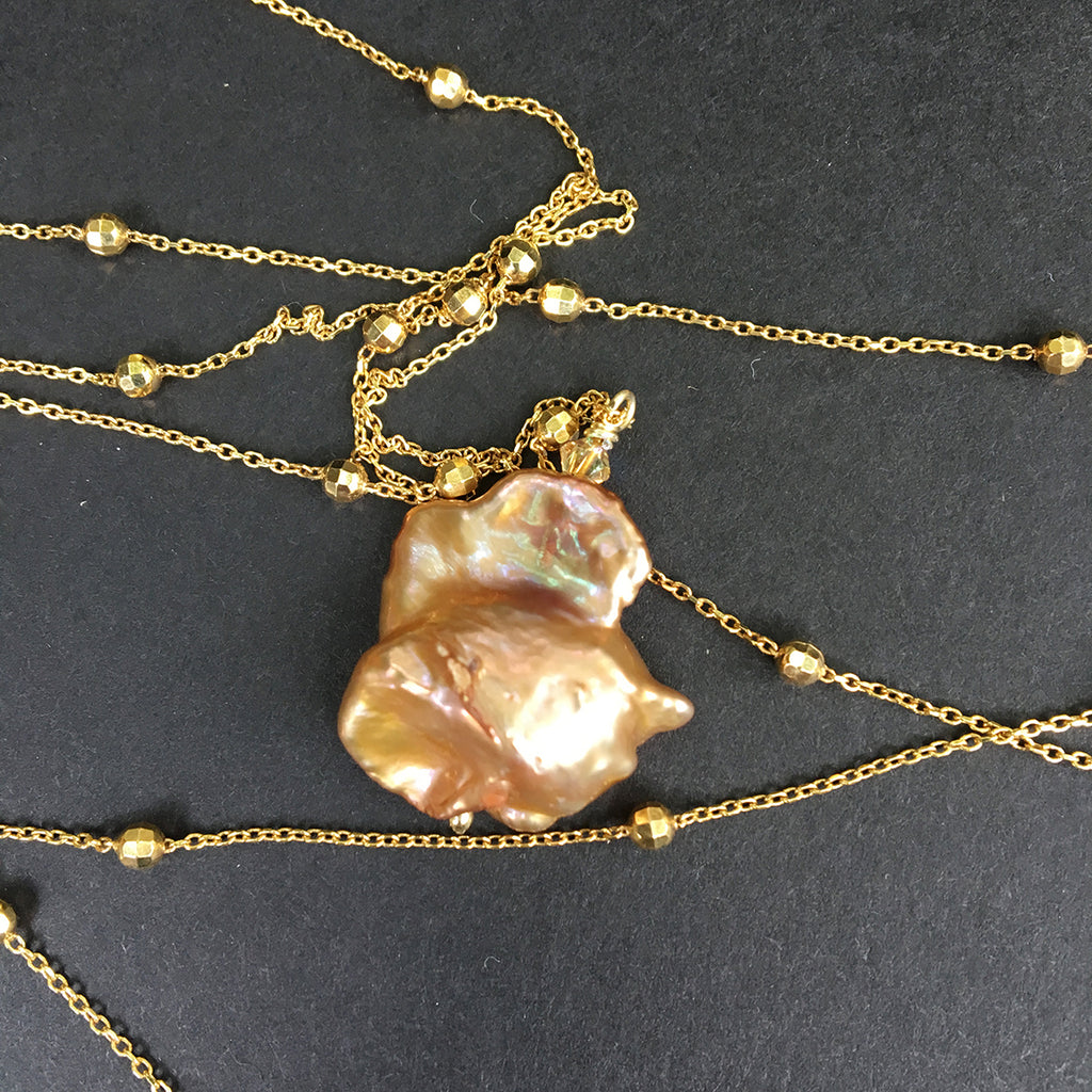 Caramel Baroque Pearl on Extra Long Dotted Gold Chain Necklace