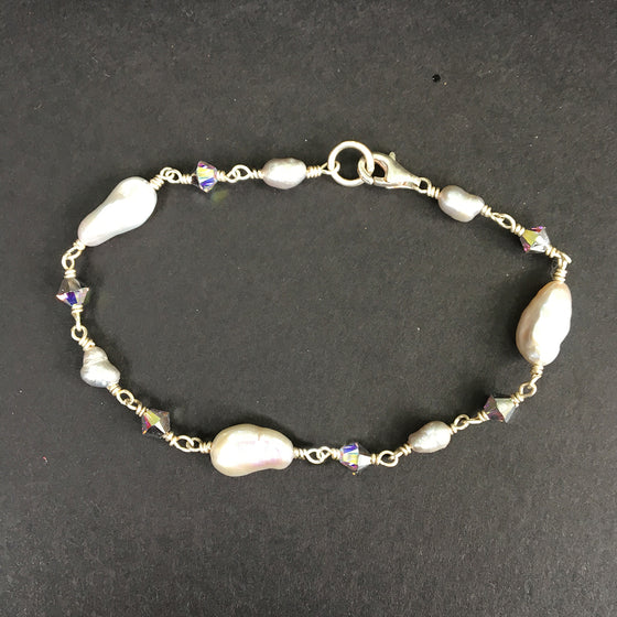 Grey Pearl and Crystal Hand-Wired Bracelet
