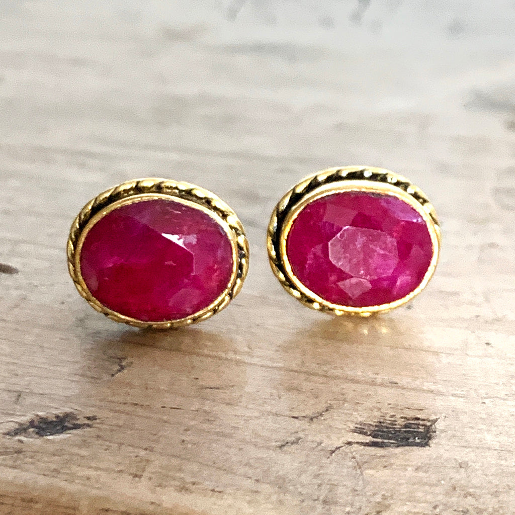 Large Oval Ruby and Gold Stud Earrings