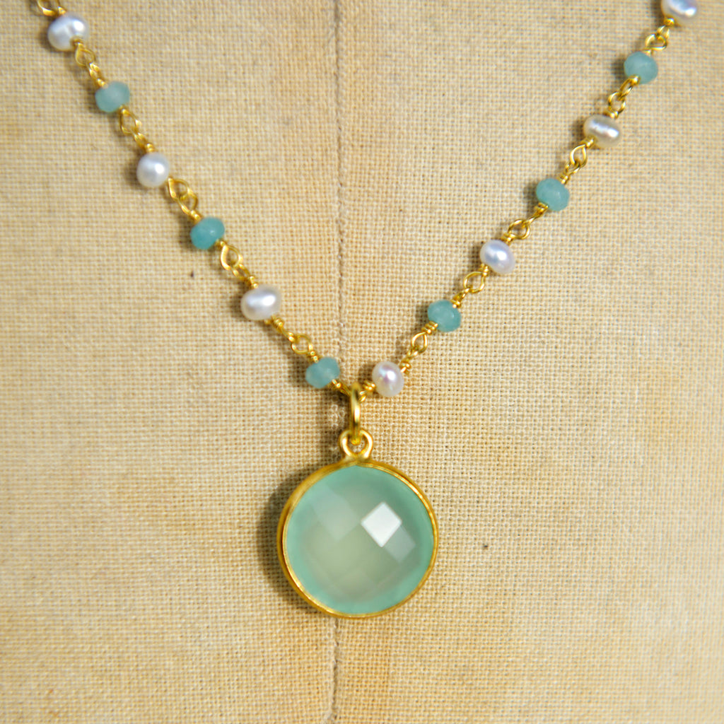 Aqua Chalcedony & Pearl Necklace