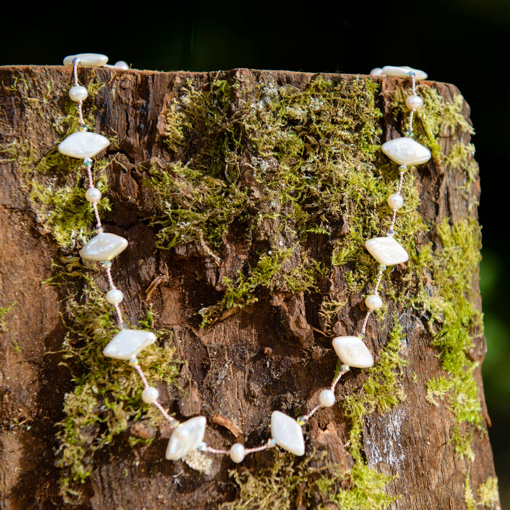 Diamond Pearl & Crystal Dotted Silk Necklace