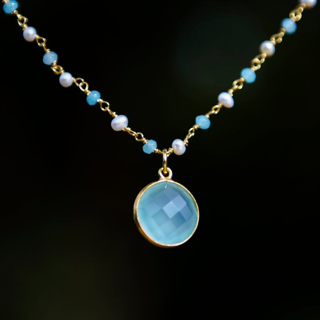 Aqua Chalcedony & Pearl Halo Necklace