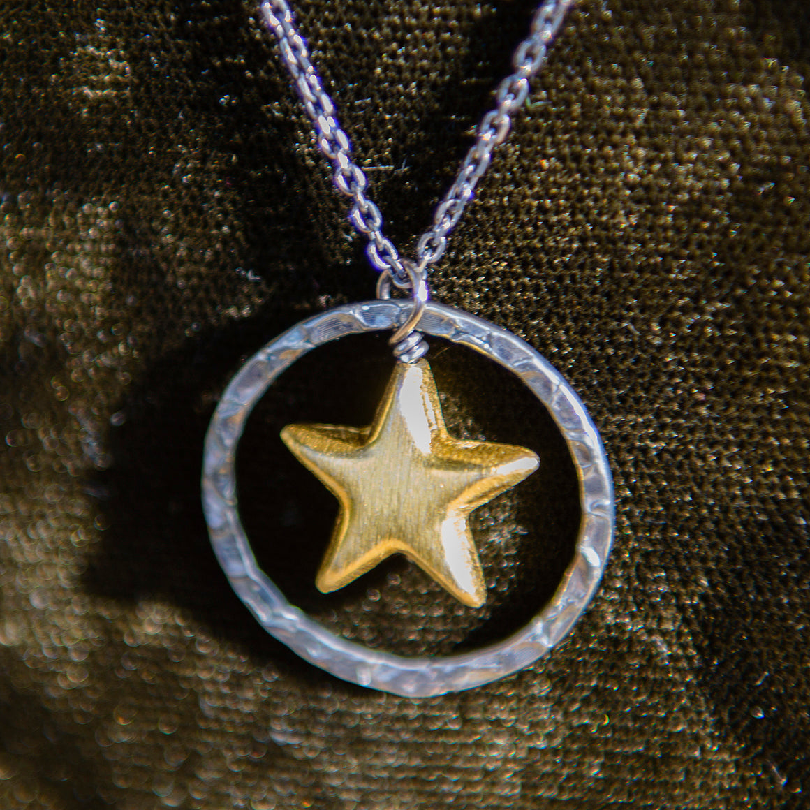 Oxidised Halo & Gold Star Necklace
