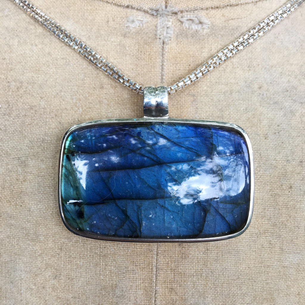 Labradorite, AAA Quality, Rectangular Pendant On Double Chain Necklace