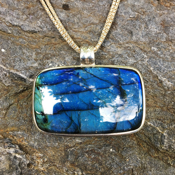 Labradorite, AAA Quality, Rectangular Pendant On Double Silver Chain Necklace