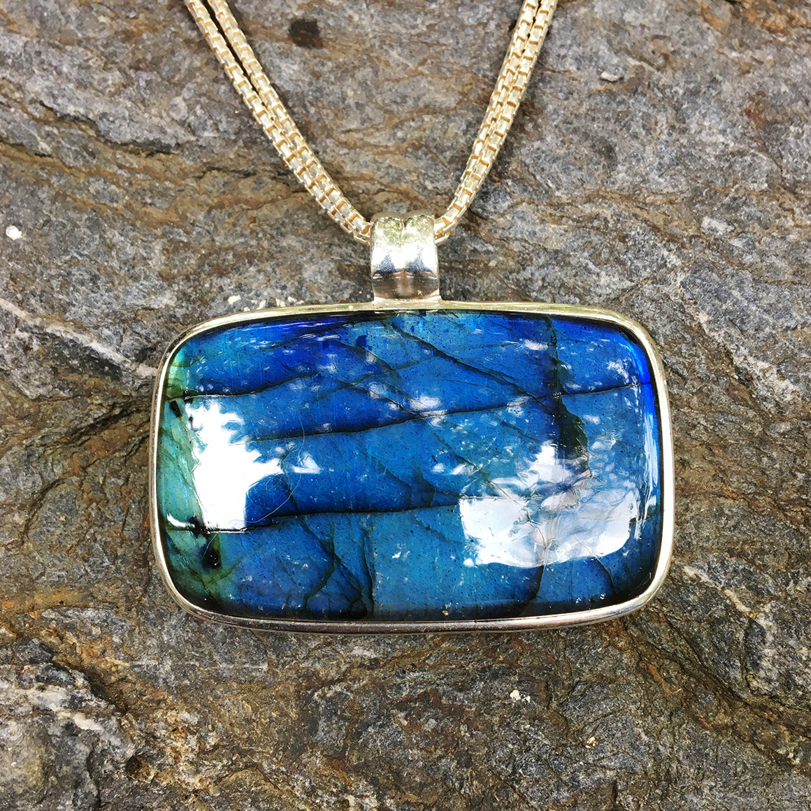 Labradorite, AAA Quality, Rectangular Pendant On Double Silver Chain Necklace