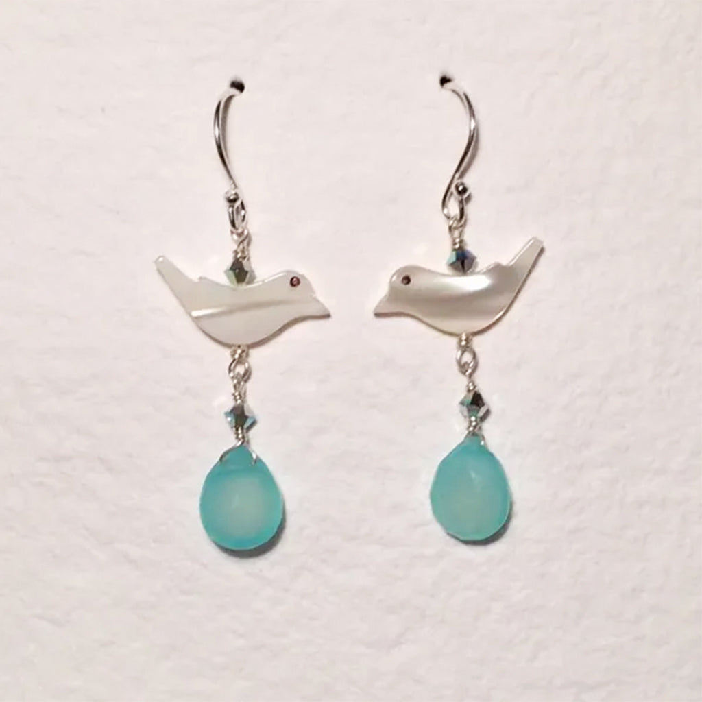 Aqua Chalcedony and Mother of Pearl Bird Earrings