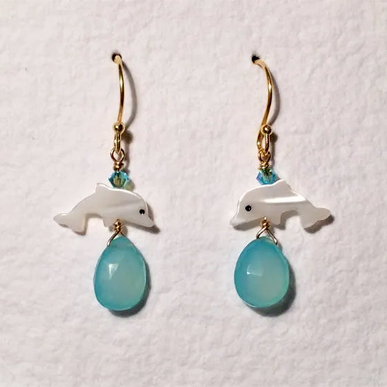 Aqua Chalcedony and Mother of Pearl Dolphin Earrings
