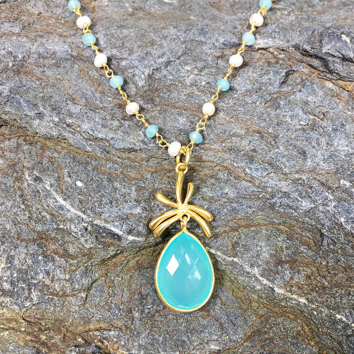 Aqua Chalcedony and Pearl Palm Necklace