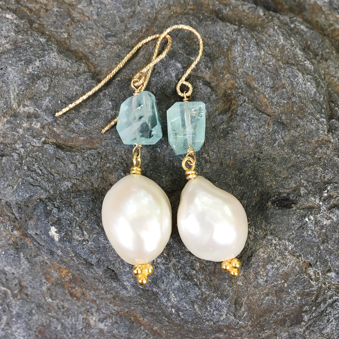 Aqua Marine Faceted Nugget with Large Baroque Pearl Earrings