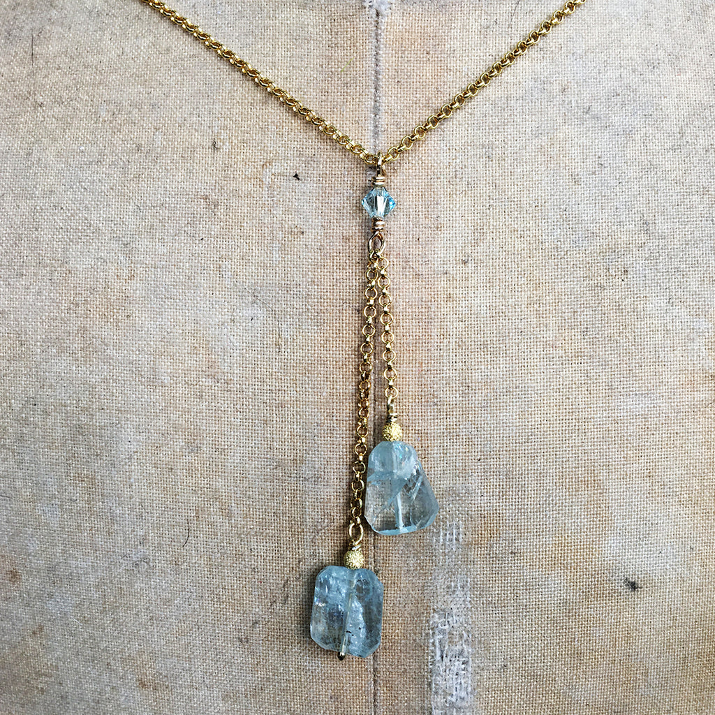 Aqua Marine Faceted Nuggets on Gold Chain Necklace