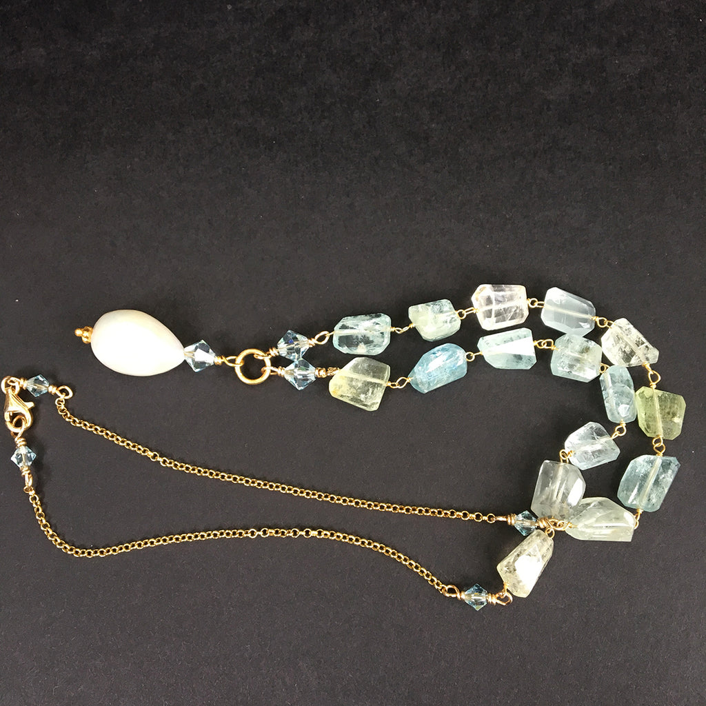 Aqua Marine Faceted Nuggets with Large Baroque Pearl Drop Necklace