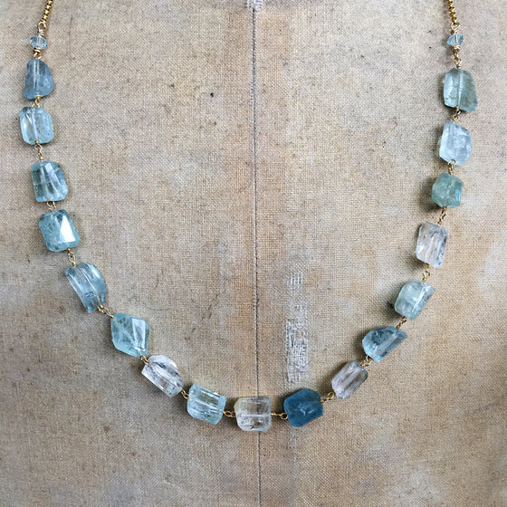 Aqua Marine Faceted Nuggets on Gold Chain Necklace