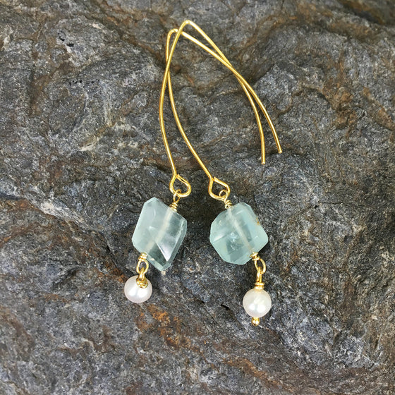 Aqua Marine Faceted Nugget with Tiny Drop Pearl Earrings