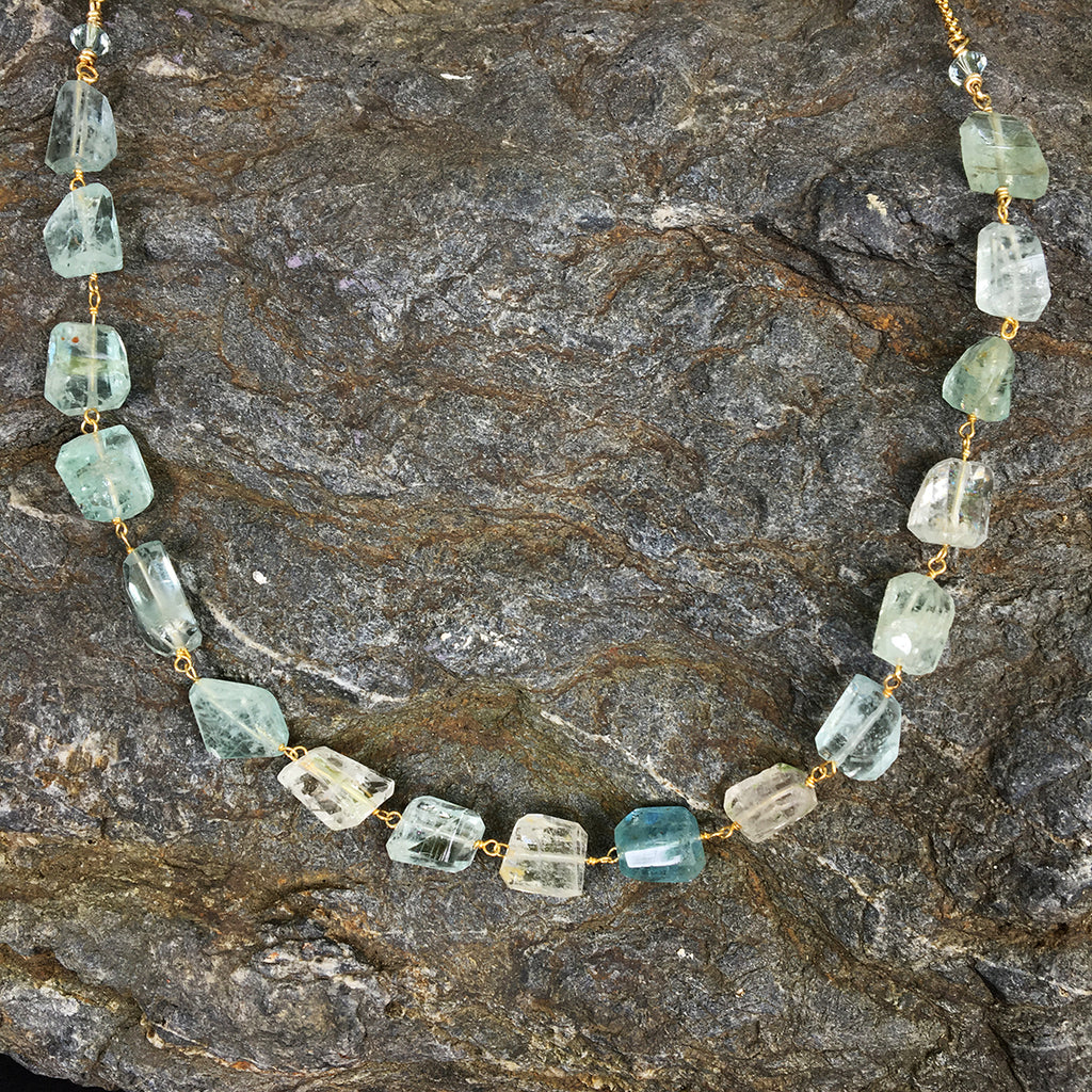 Aquamarine Faceted Nuggets on Gold Chain Necklace
