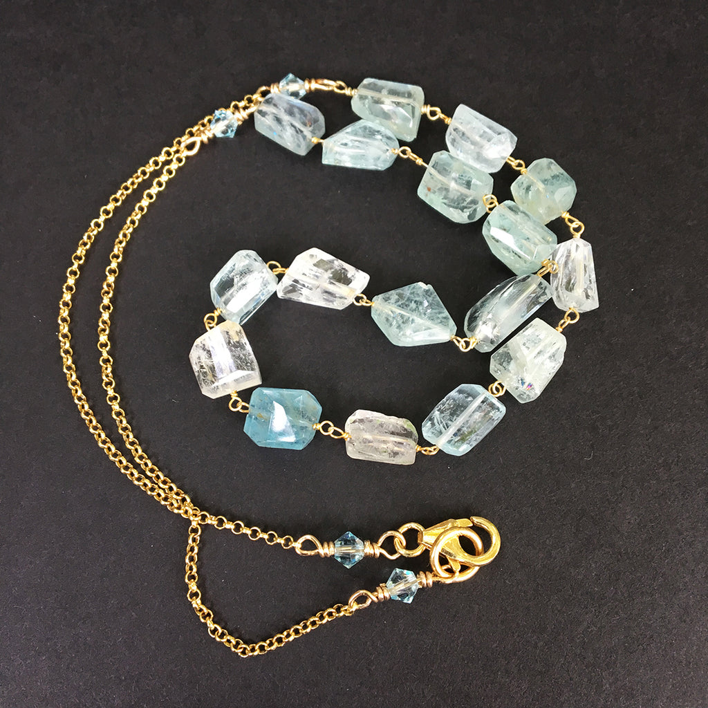 Aquamarine Faceted Nuggets on Gold Chain Necklace