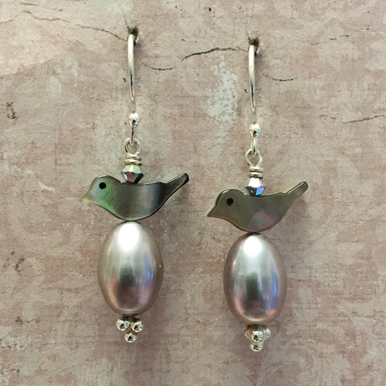 Bird and Grey Pearl Earrings