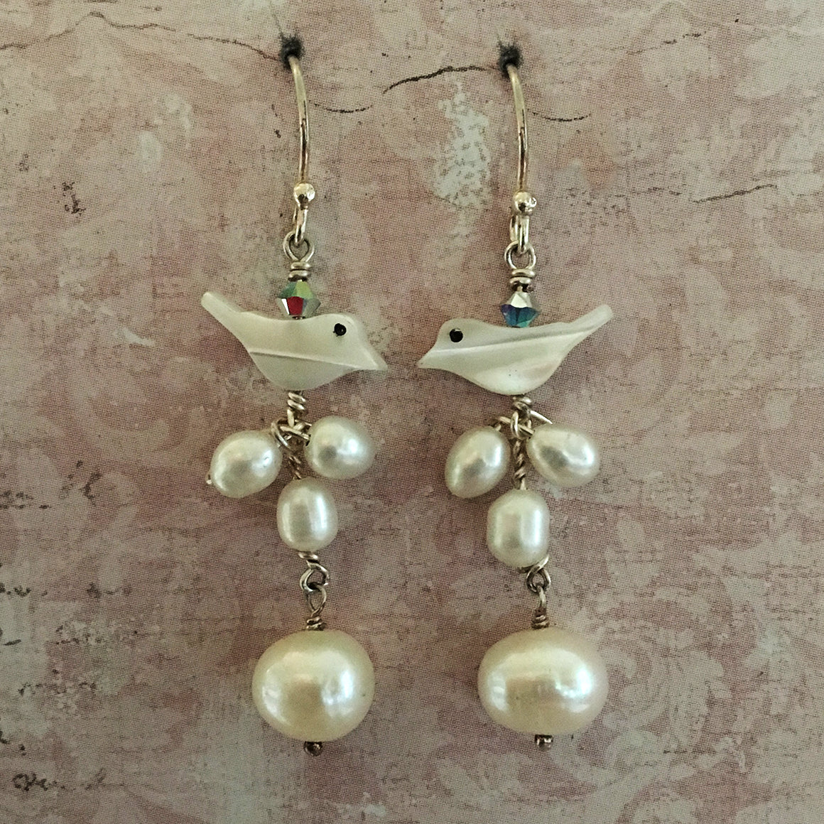 Bird and Leaf Pearl Earrings