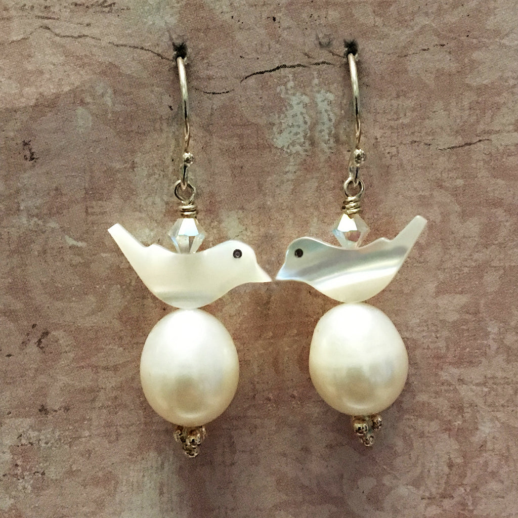 Bird and Pearl Egg Earrings