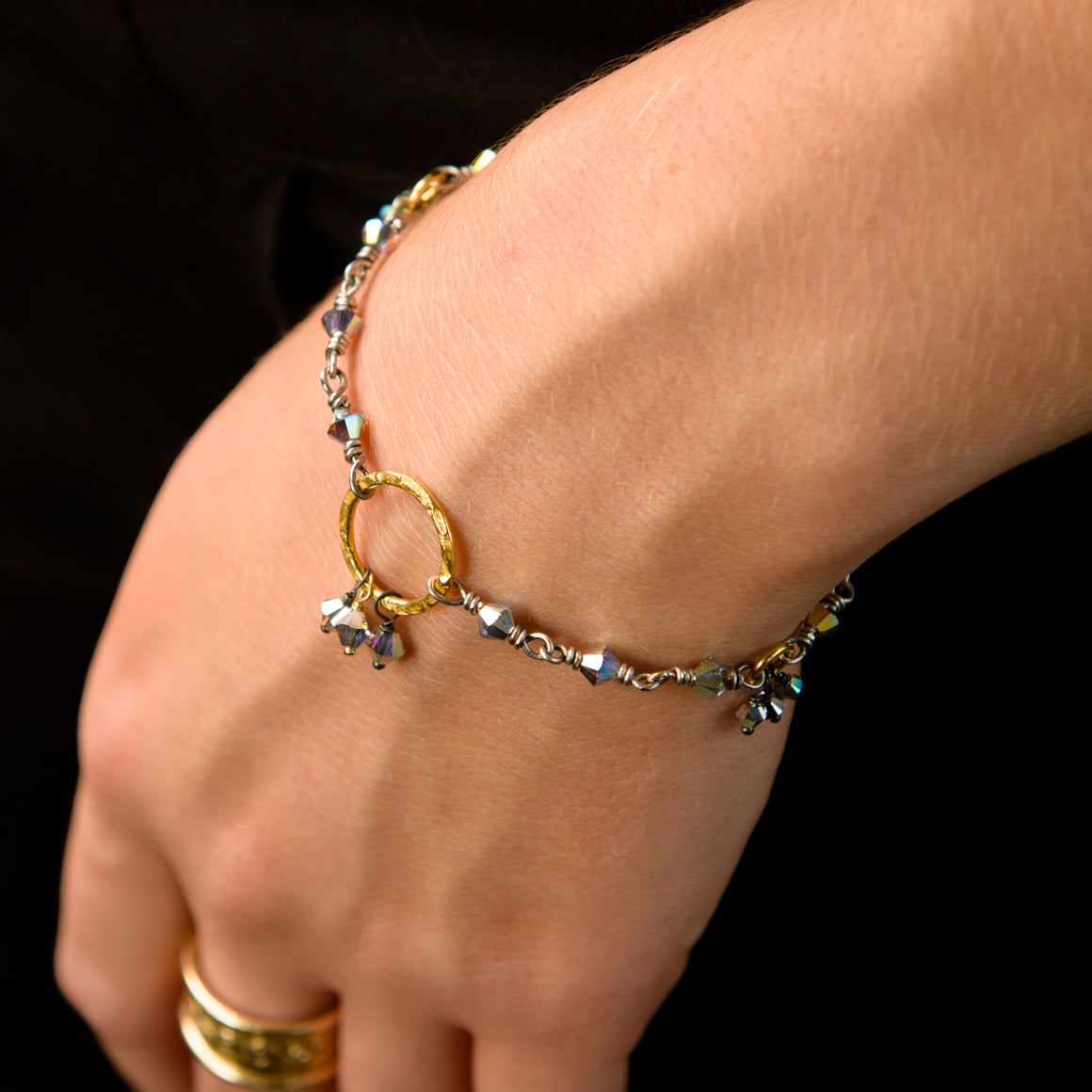 Anais Oxidised Sterling Silver Hand-Wired Bracelet with Gold-on-Silver Halo