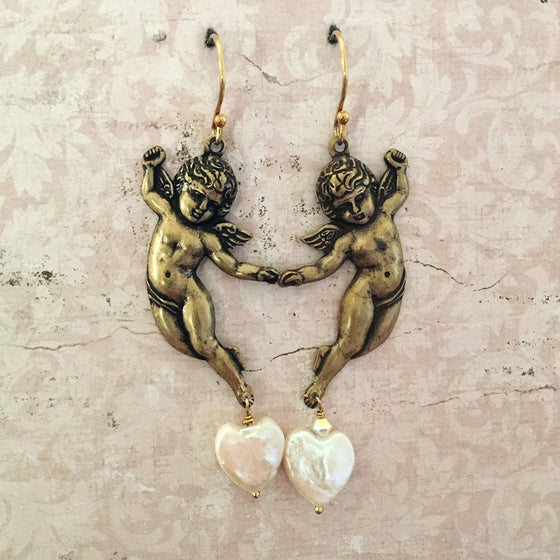 Brass Cherub and Heart Pearl Earrings