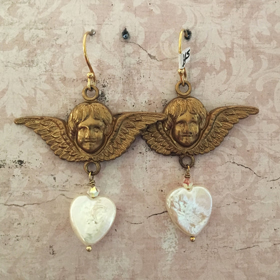 Brass Cherub and Heart Pearl Earrings