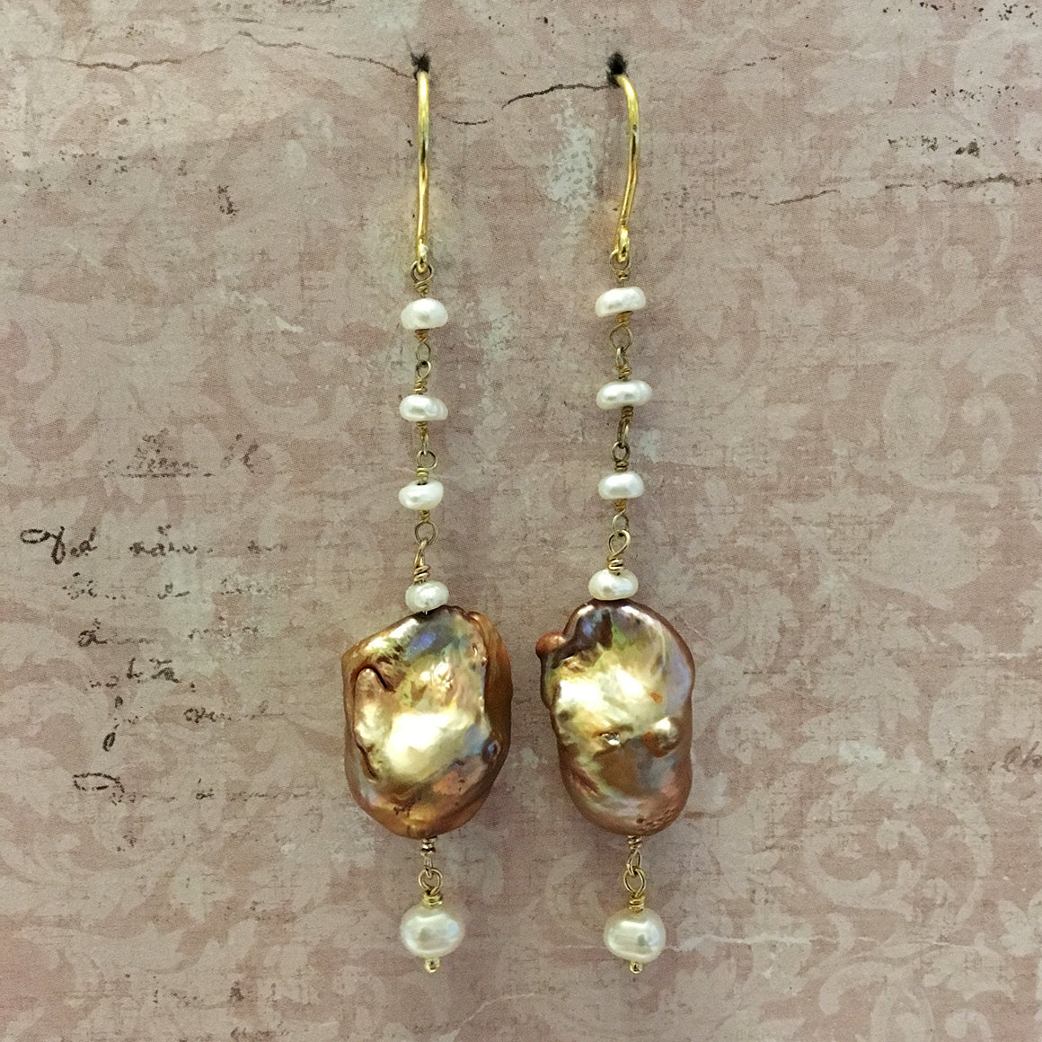 Bronze Baroque Pearl and Pearl Chain Earrings