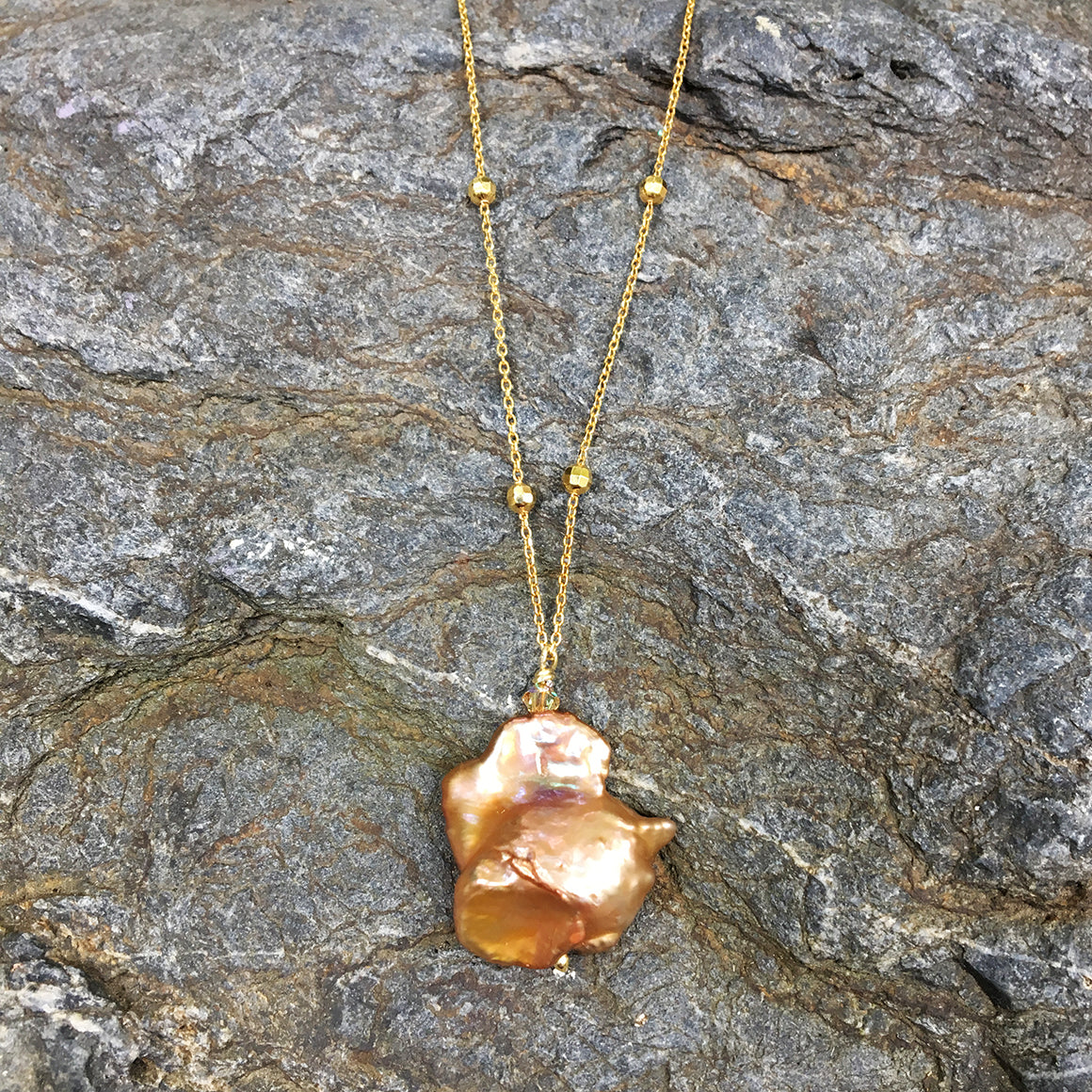 Caramel Baroque Pearl on Extra Long Dotted Gold Chain Necklace