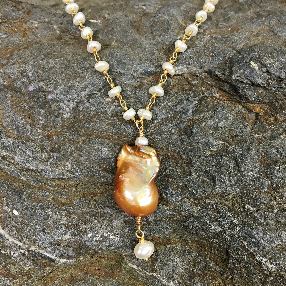 Caramel Baroque Pearl On Pearl Chain Necklace