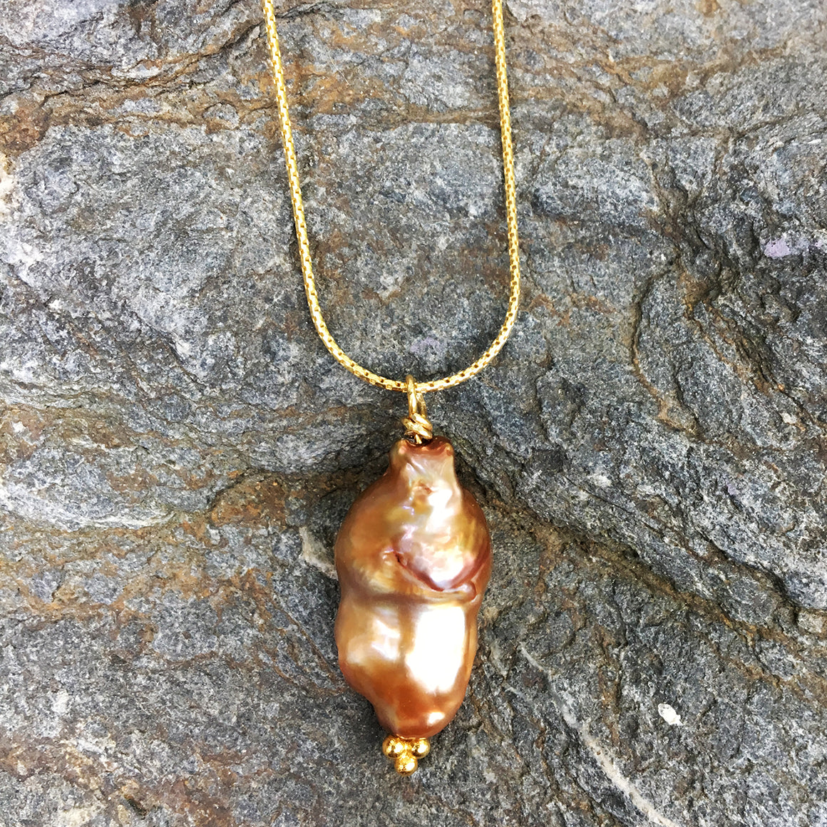 Caramel Baroque Pearl on Gold Chain Necklace