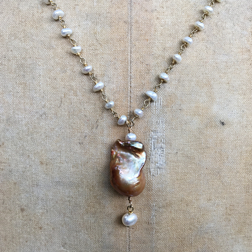 Caramel Baroque Pearl On Pearl Chain Necklace