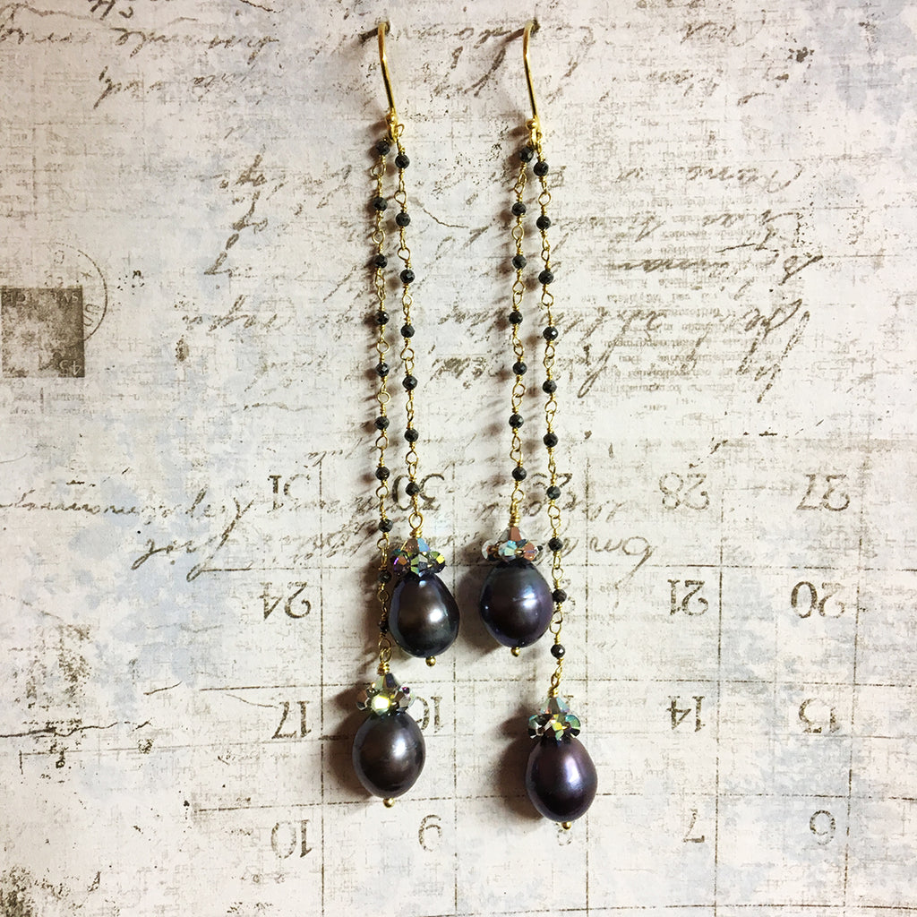 Collared Double Dark Pearl Earrings on Haematite Chain