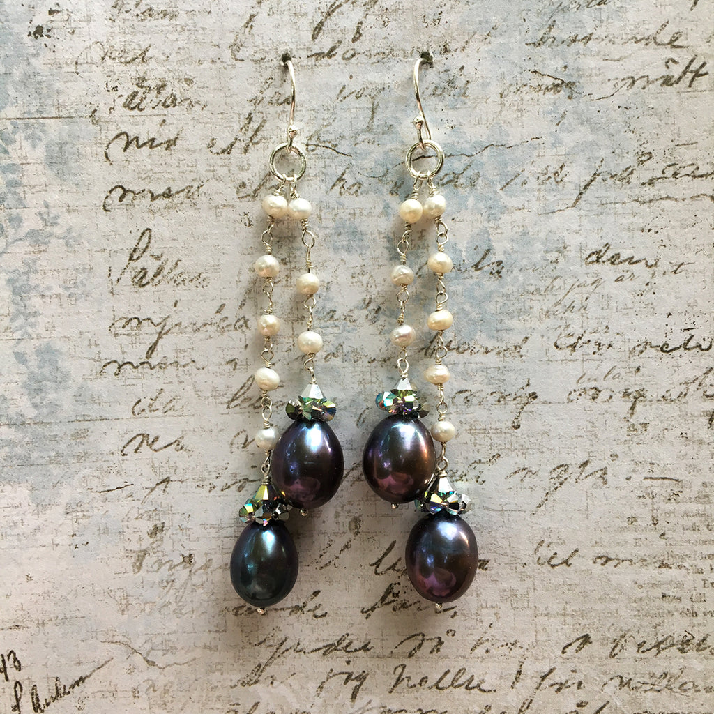 Collared Double Dark Pearl Earrings on Pearl Chain