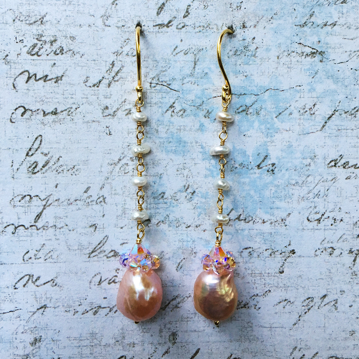 Collared Pink Pearl Earrings on Pearl Chain