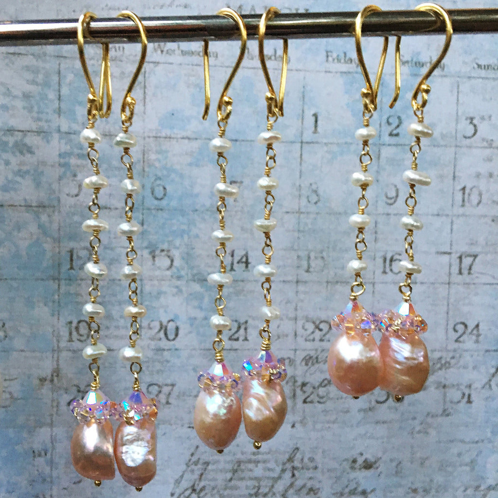 Collared Pink Pearl Earrings on Pearl Chain