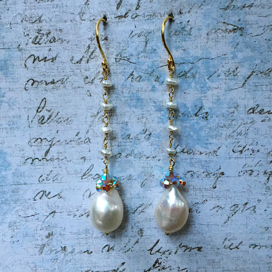 Collared White Pearl Earrings on Pearl Chain