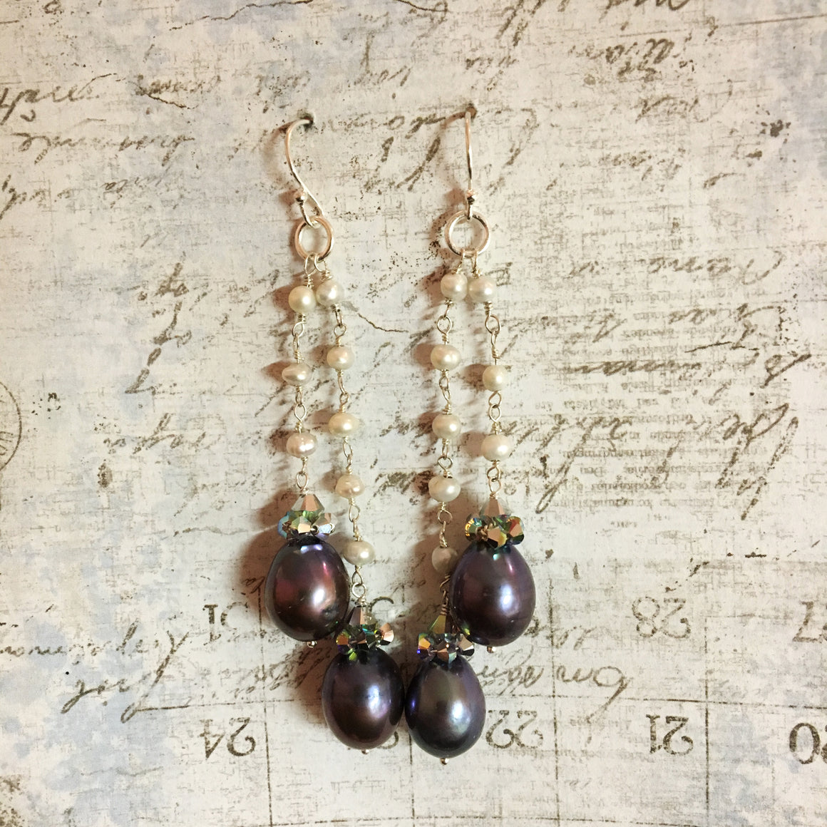Collared Double Dark Pearl Earrings on Pearl Chain