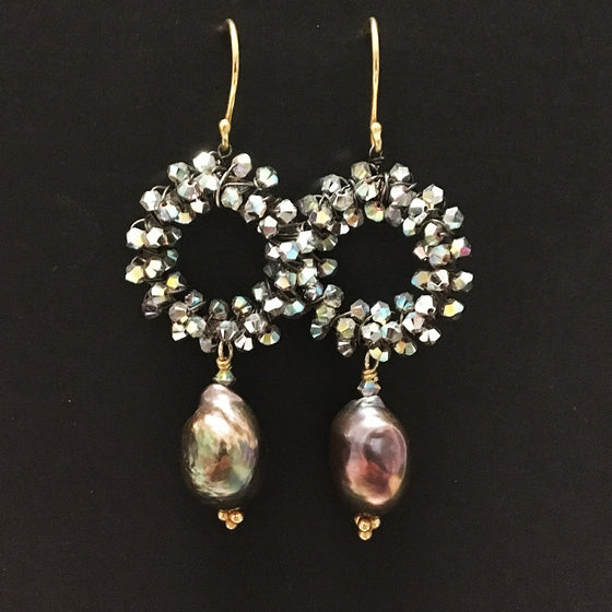 Crystal Encrusted Large Halo and Baroque Pearl Earrings
