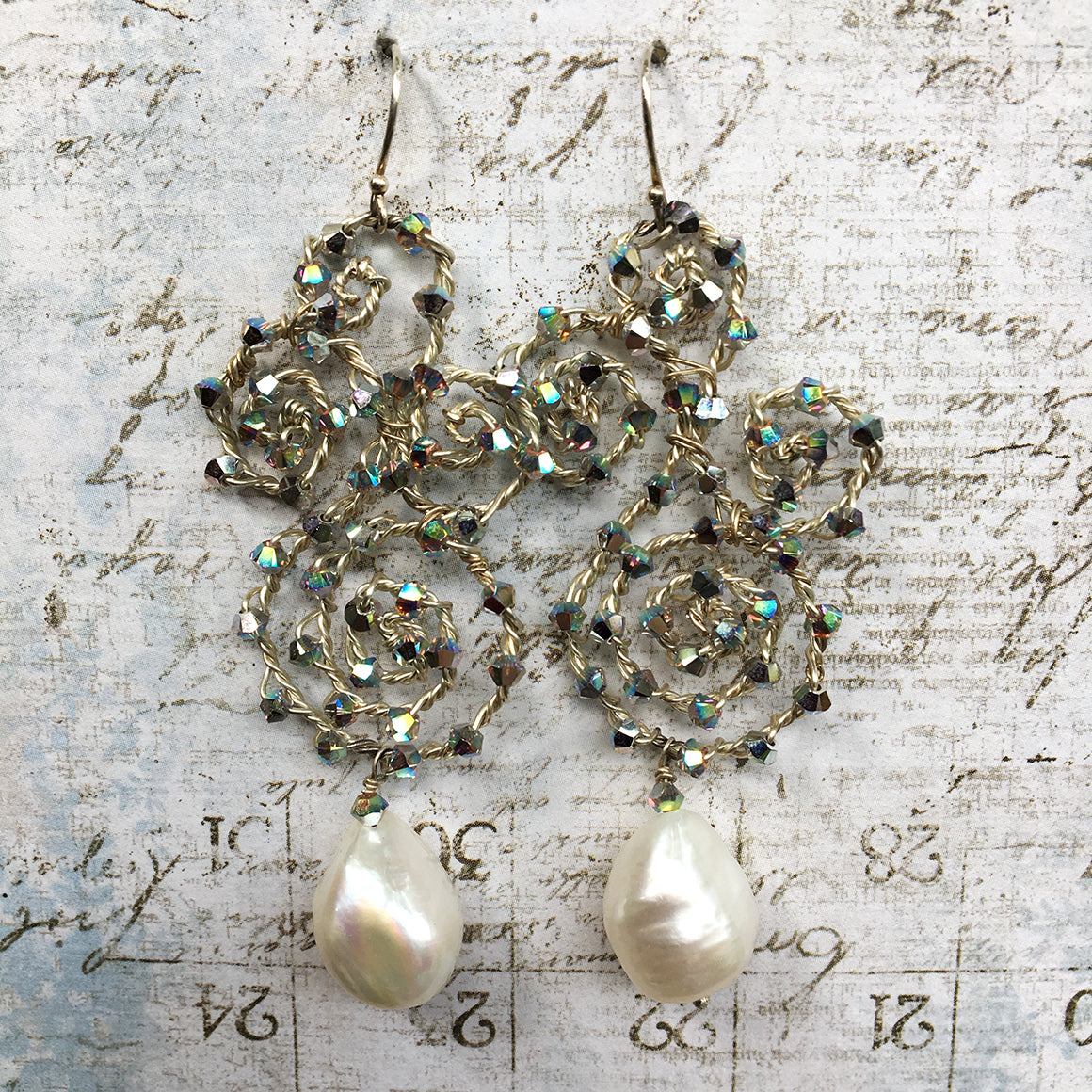 Crystal Scroll and Pearl Earrings