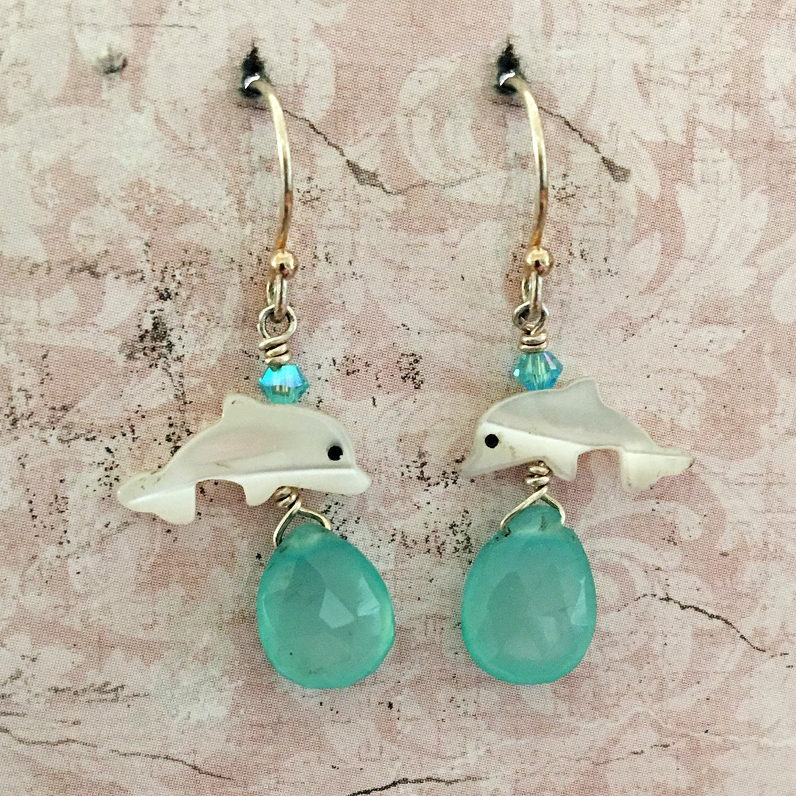 Dolphin and Aqua Chalcedony Earrings