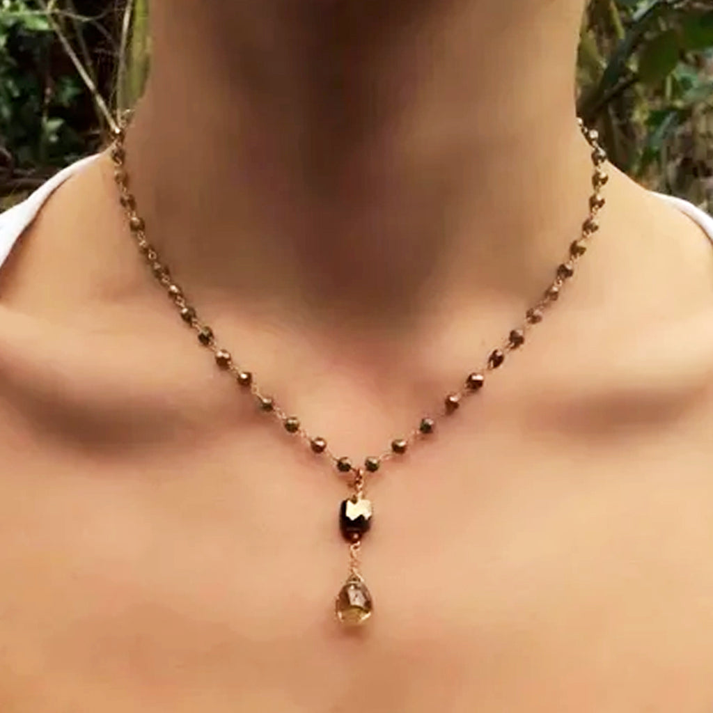 Dotted Pyrite and Beer Quartz Necklace