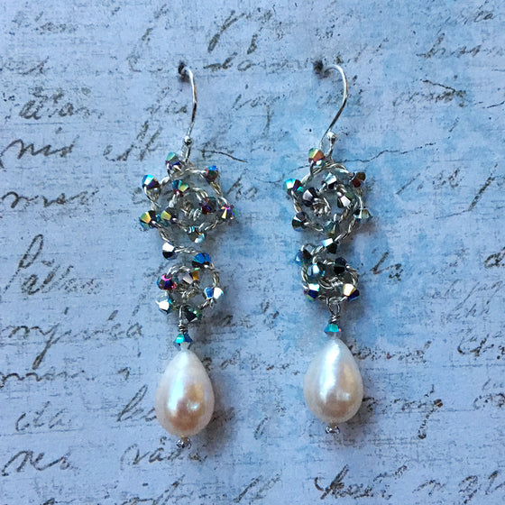 Drop Pearl Earrings on Small Crystal Scroll