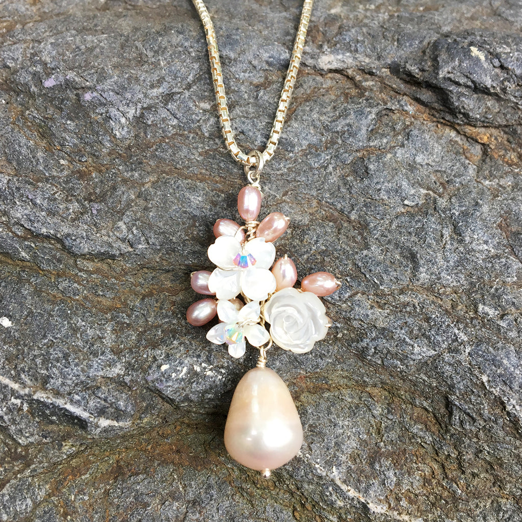 Drop Pearl Flower Cluster Necklace