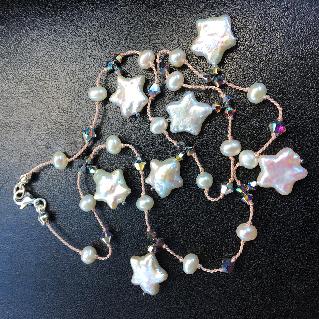 Drop Pearl Star and Crystal Dotted Necklace