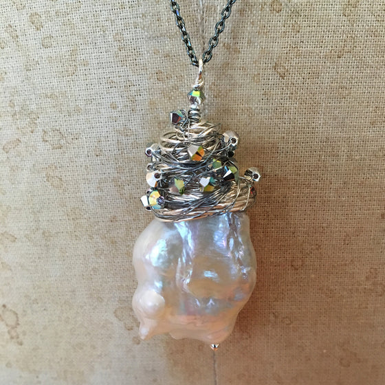 Extra Large Baroque Pearl Crystal Wrapped Necklace