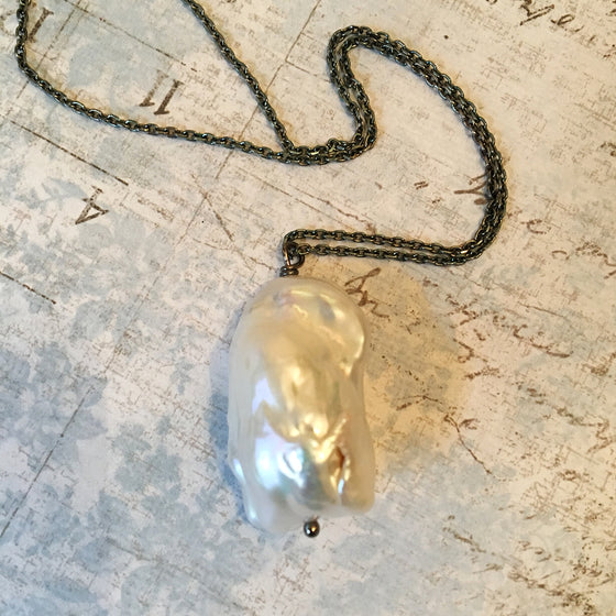 Extra Large Baroque Pearl on Long Oxidised Chain Necklace
