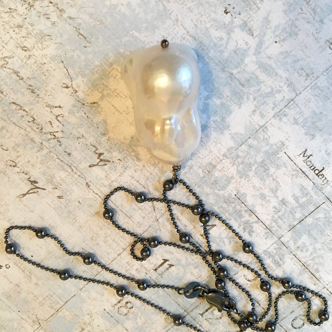 Extra Large Baroque Pearl on Long Oxidised Chain Necklace