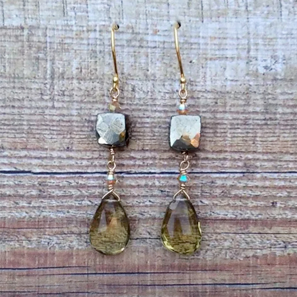 Faceted Pyrite and Beer Quartz Drop Earrings