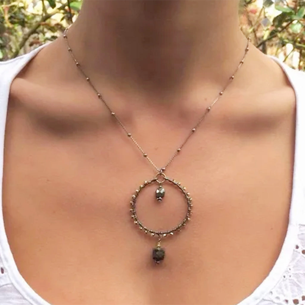 Faceted Pyrite and Oxidized Silver Hoop Necklace