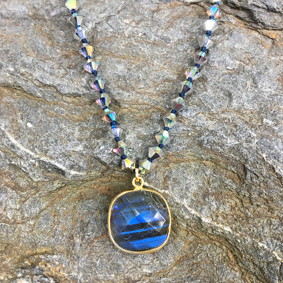 Faceted Squared Labradorite on Crystal Necklace